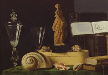 Asetelma, pienoisveistos ja simpukankuoria, n. 1630